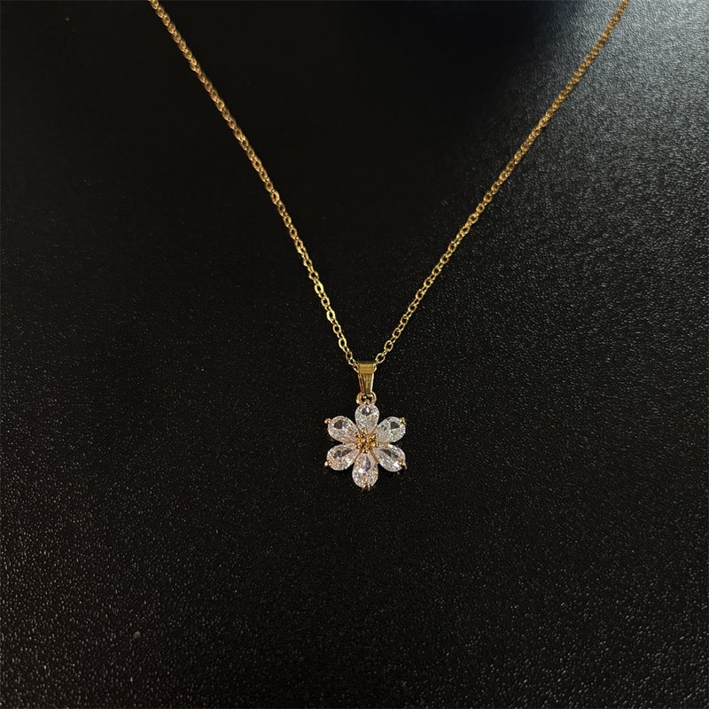 Fashion New Flower Full Diamond Zircon Pendant Stainless Steel Chain Lady Necklace - Image 1